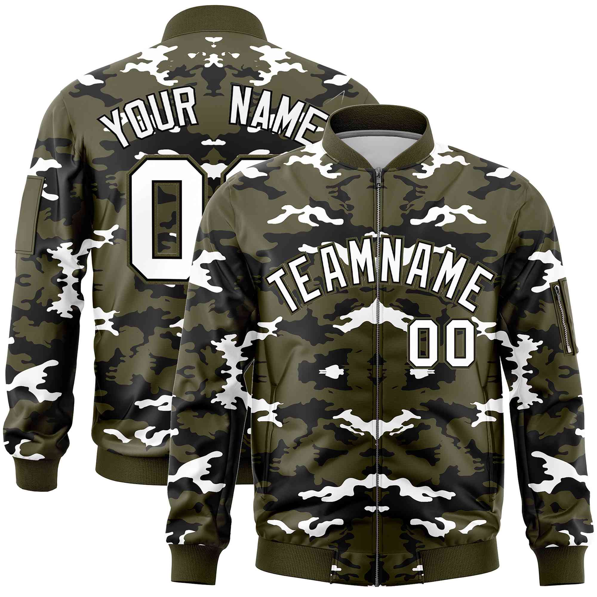 Custom Olive Black-White Varsity Full-Zip Camo Letterman Bomber Jacket