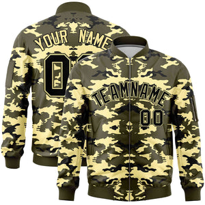 Custom Olive Black-Khaki Varsity Full-Zip Camo Letterman Bomber Jacket