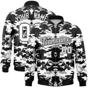 Custom Black Gray-White Varsity Full-Zip Camo Letterman Bomber Jacket