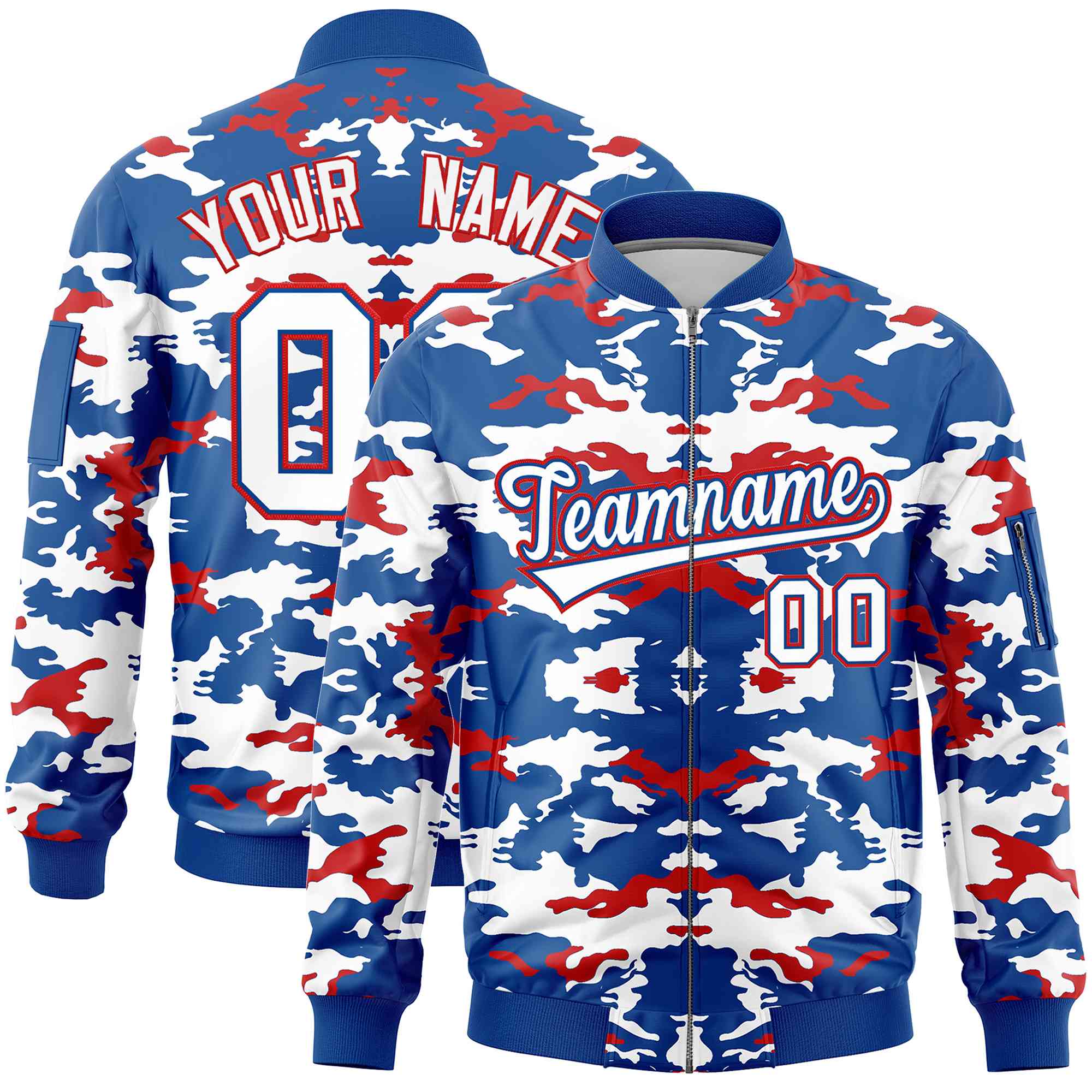 Custom Royal Red-White Varsity Full-Zip Camo Letterman Bomber Jacket