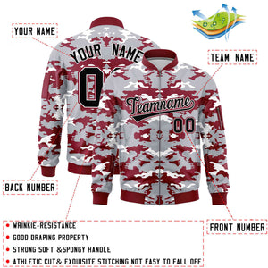 Custom Gray Crimson-White Varsity Full-Zip Camo Letterman Bomber Jacket