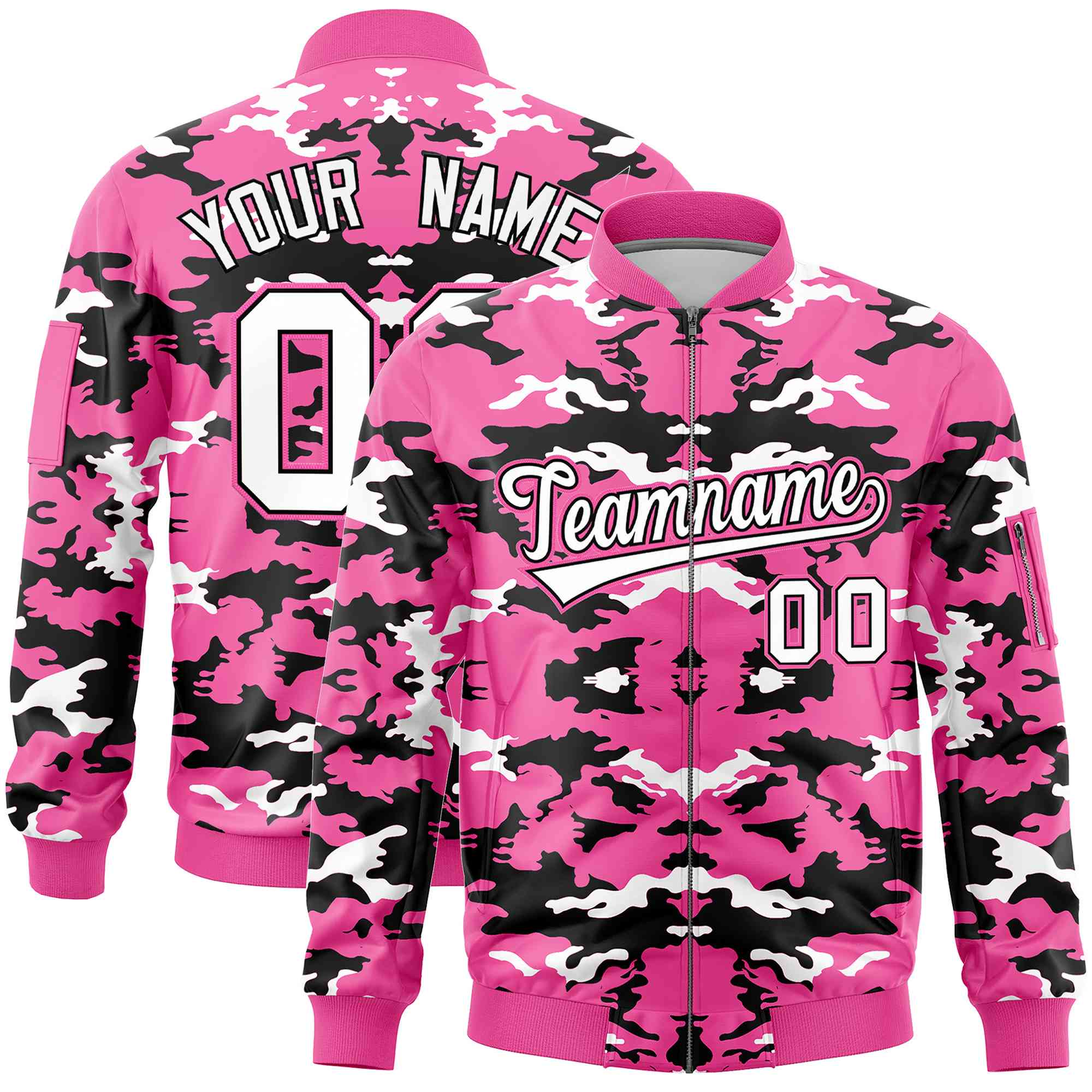 Custom Pink Black-White Varsity Full-Zip Camo Letterman Bomber Jacket