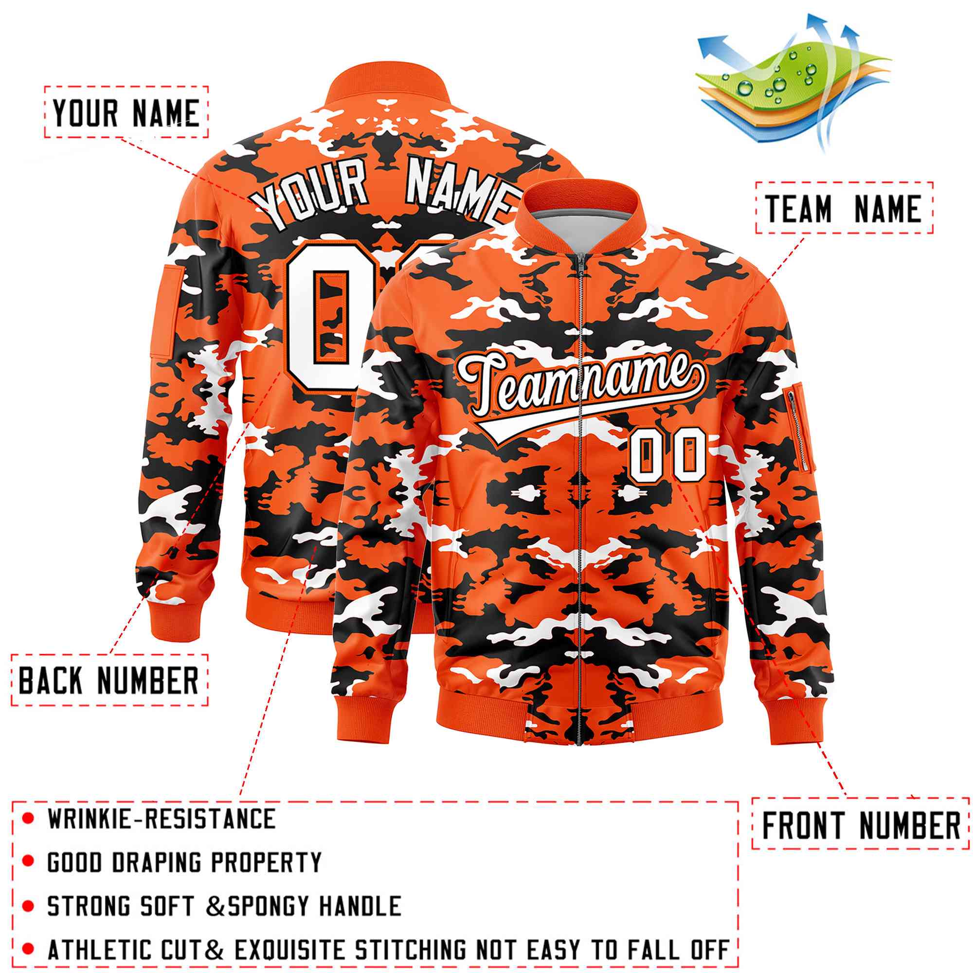 Custom Orange Black-White Varsity Full-Zip Camo Letterman Bomber Jacket