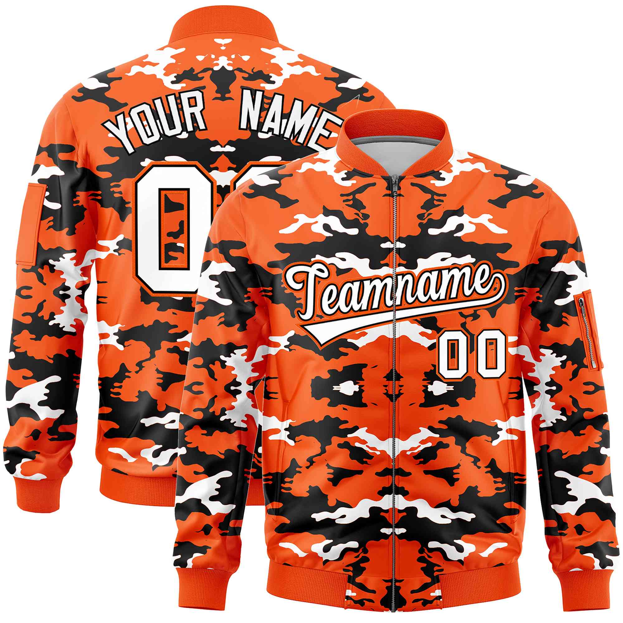 Custom Orange Black-White Varsity Full-Zip Camo Letterman Bomber Jacket