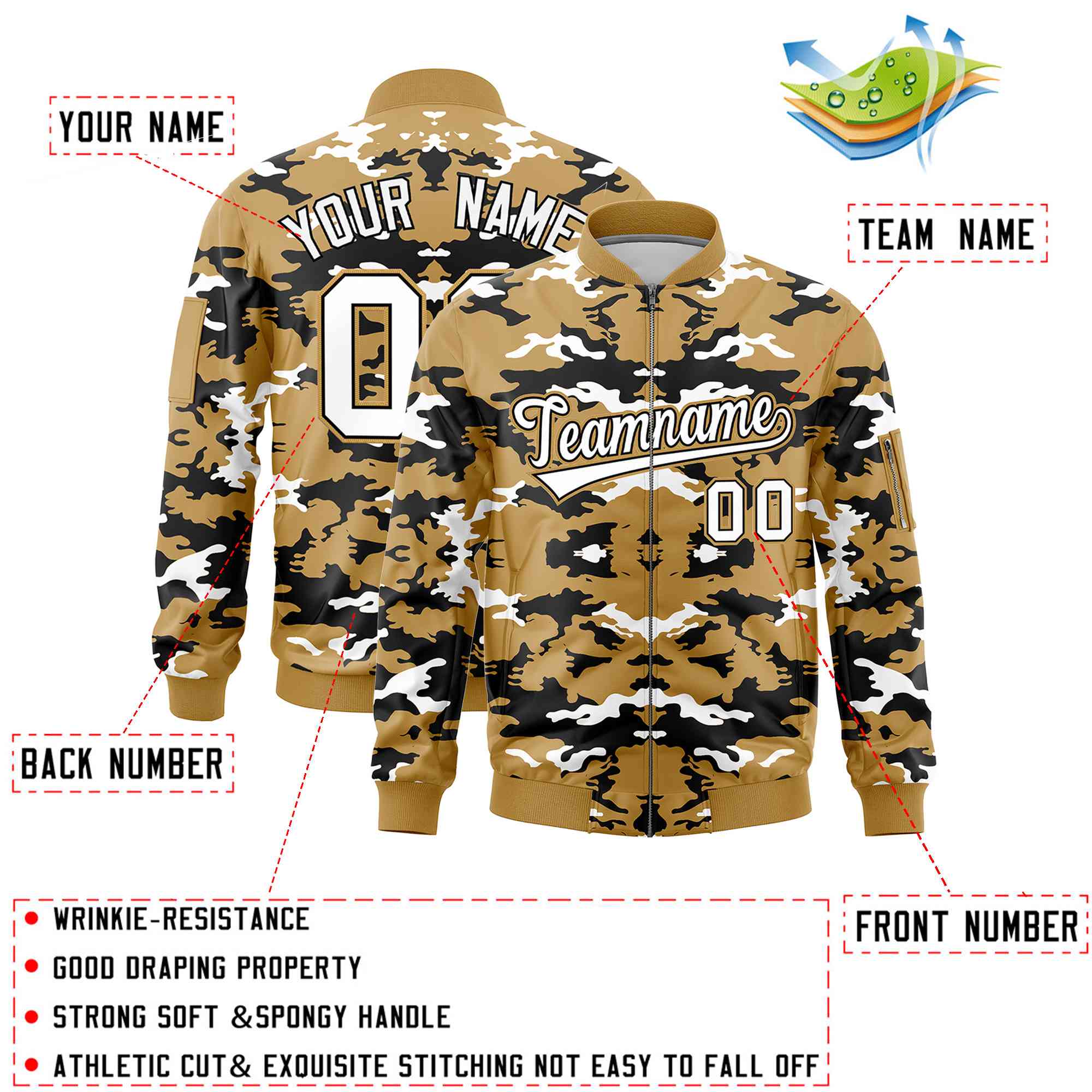 Custom Old Gold Black-White Varsity Full-Zip Camo Letterman Bomber Jacket