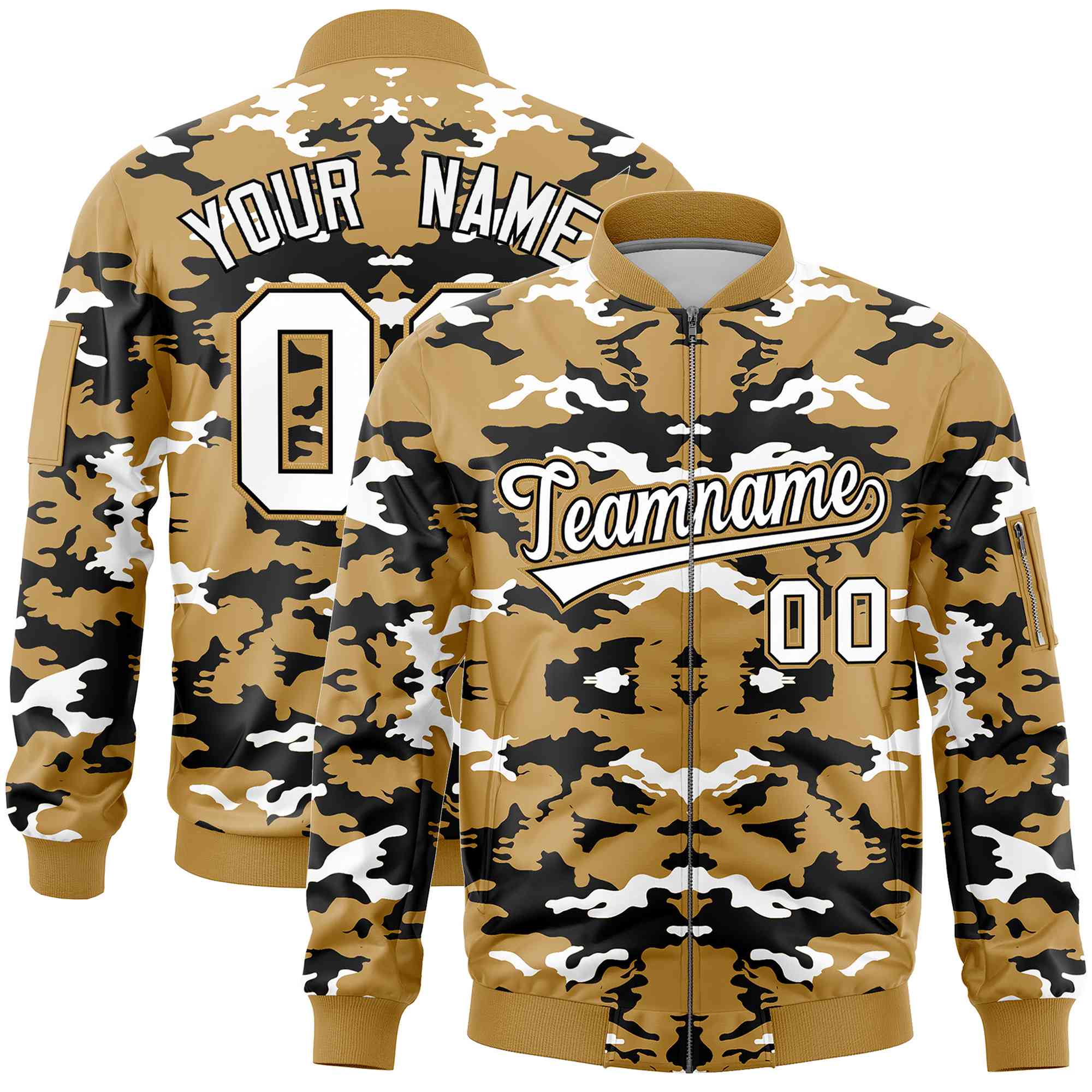 Custom Old Gold Black-White Varsity Full-Zip Camo Letterman Bomber Jacket