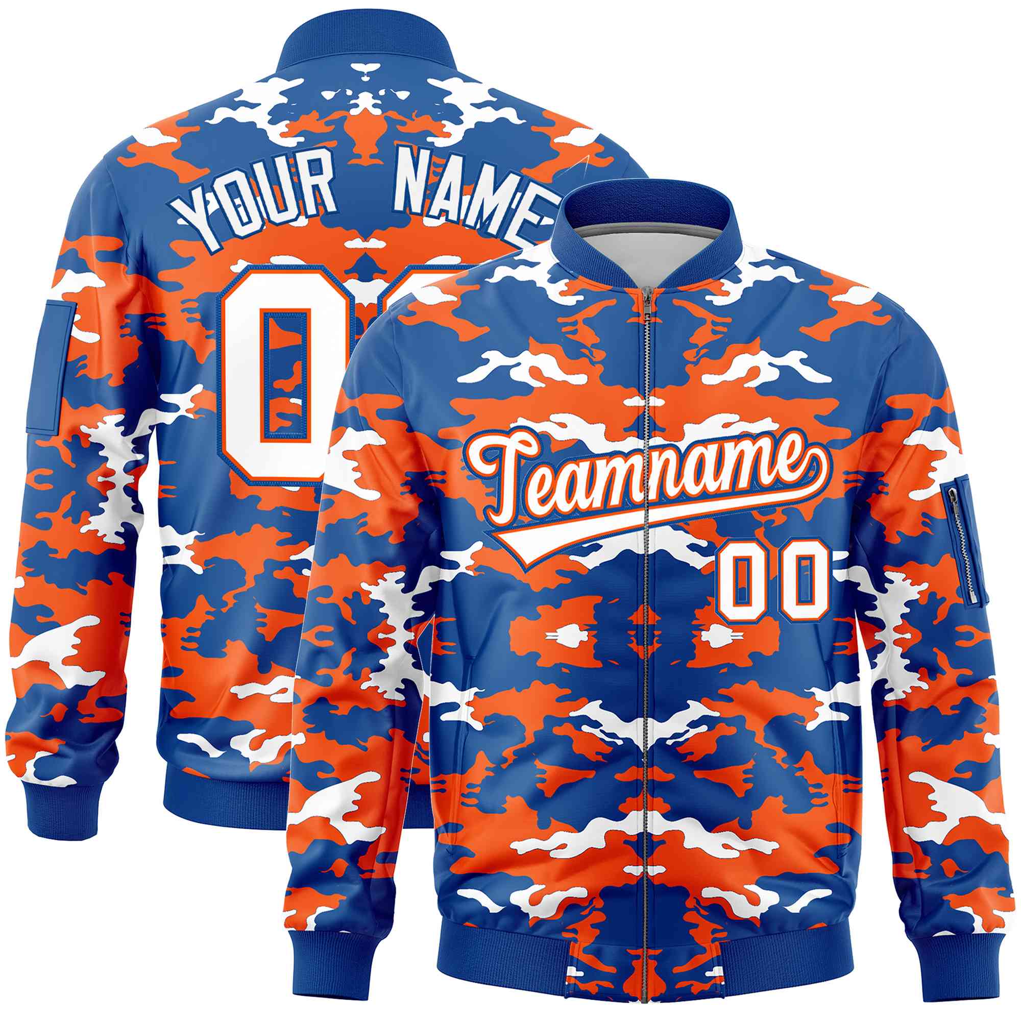 Custom Royal Orange-White Varsity Full-Zip Camo Letterman Bomber Jacket