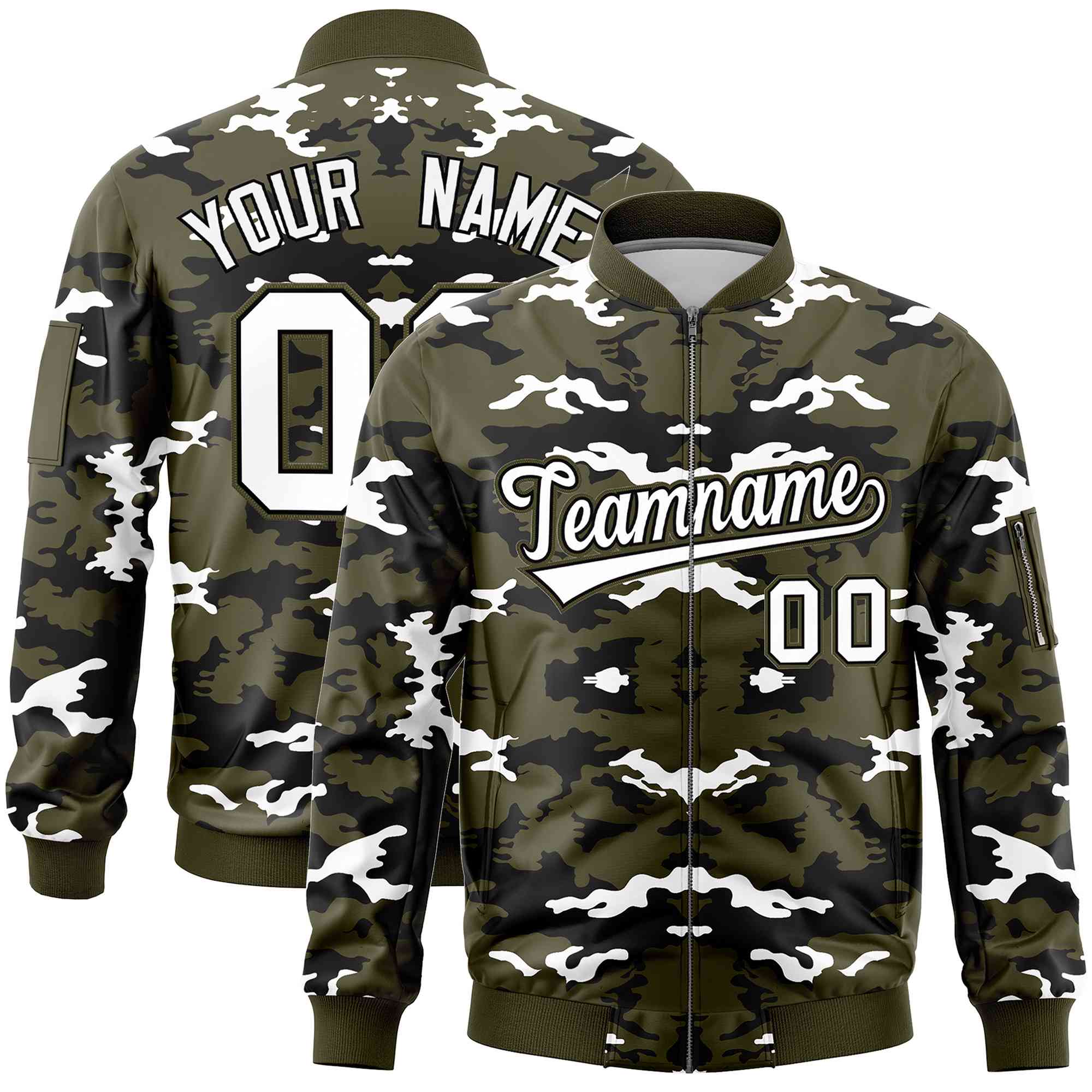 Custom Olive Black-White Varsity Full-Zip Camo Letterman Bomber Jacket