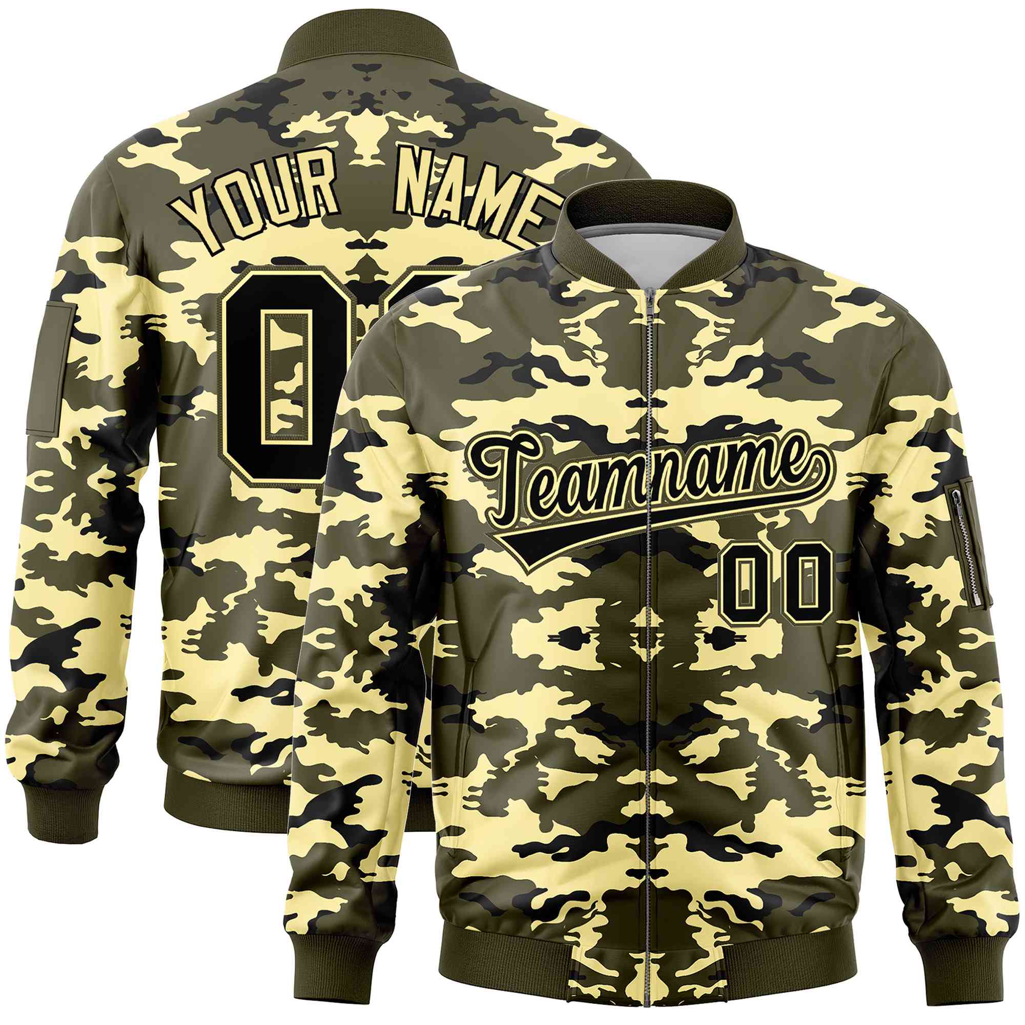 Custom Olive Black-Khaki Varsity Full-Zip Camo Letterman Bomber Jacket