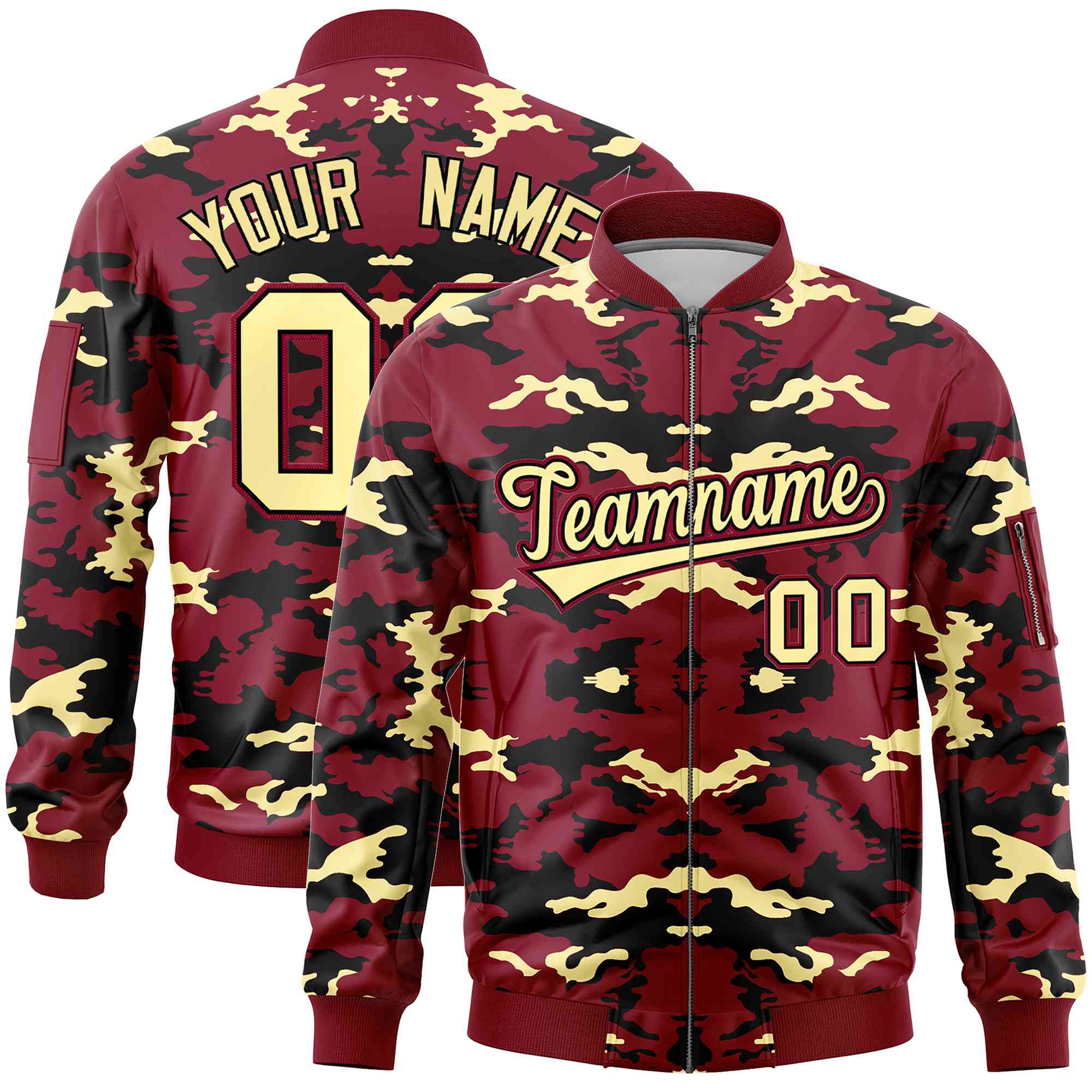 Custom Crimson Black-Khaki Varsity Full-Zip Camo Letterman Bomber Jacket