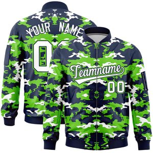 Custom Navy Neon Green-White Varsity Full-Zip Camo Letterman Bomber Jacket