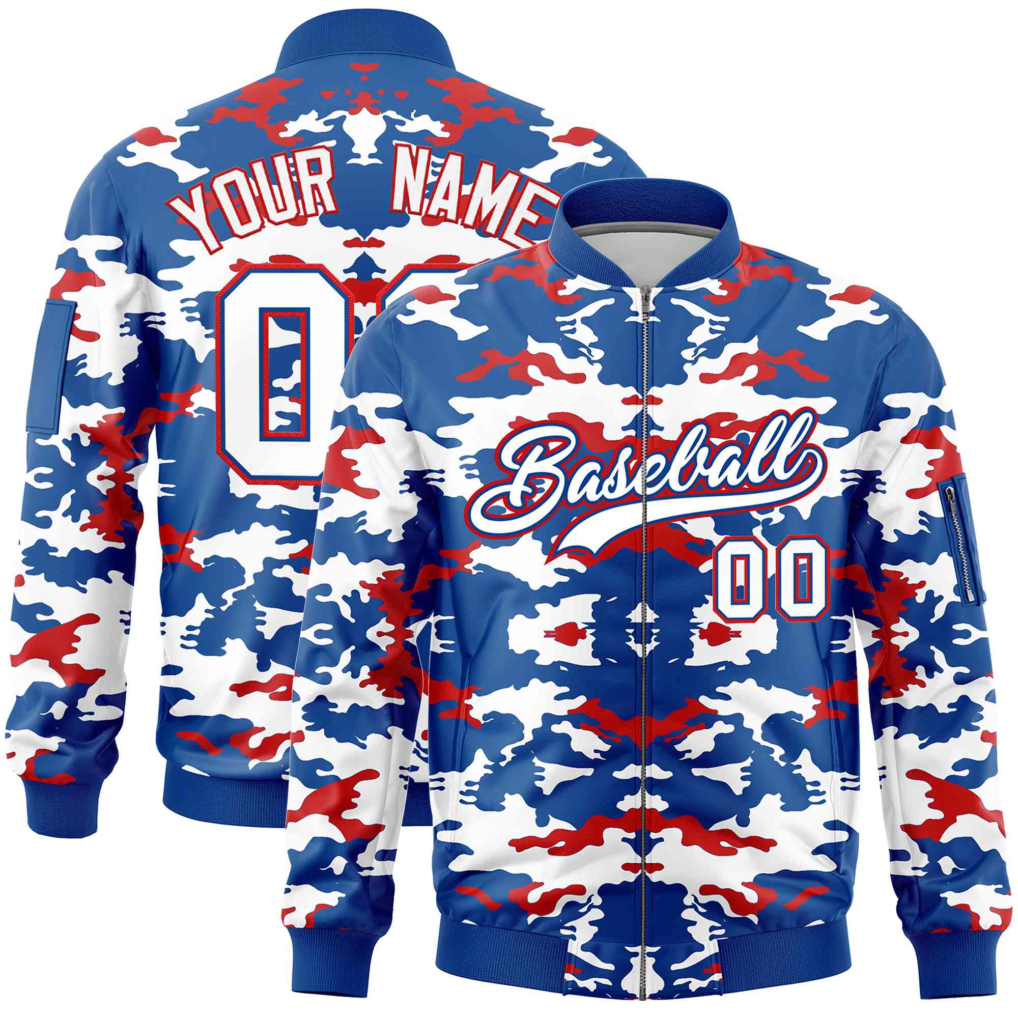 Custom Royal Red-White Varsity Full-Zip Camo Letterman Bomber Jacket