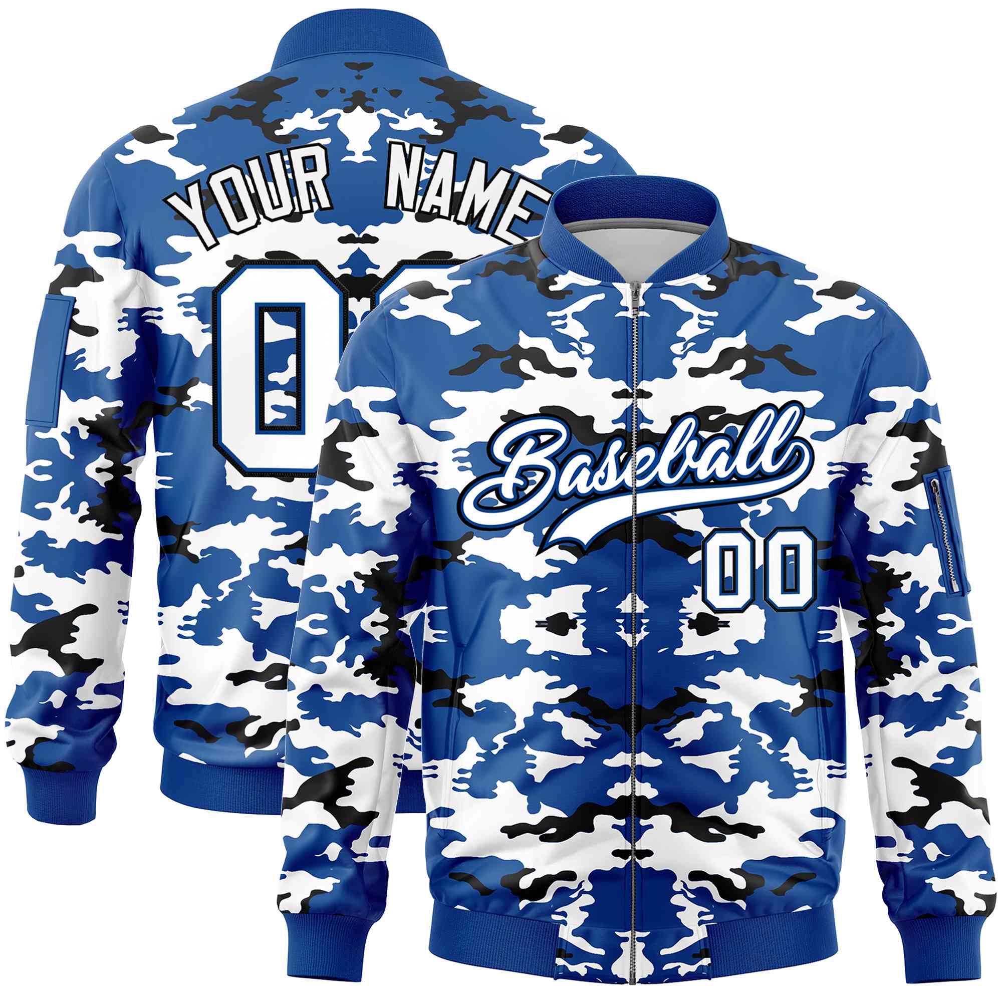 Custom Royal Black-White Varsity Full-Zip Camo Letterman Bomber Jacket