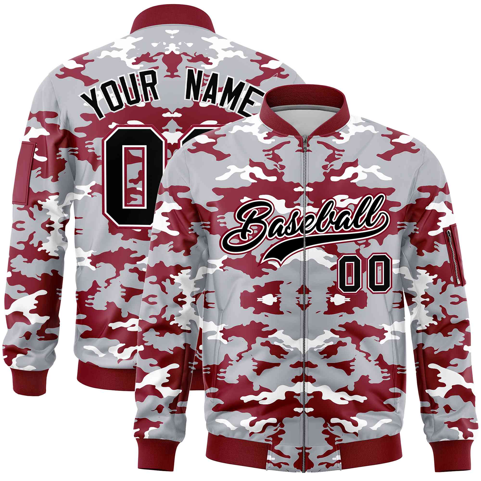 Custom Gray Crimson-White Varsity Full-Zip Camo Letterman Bomber Jacket