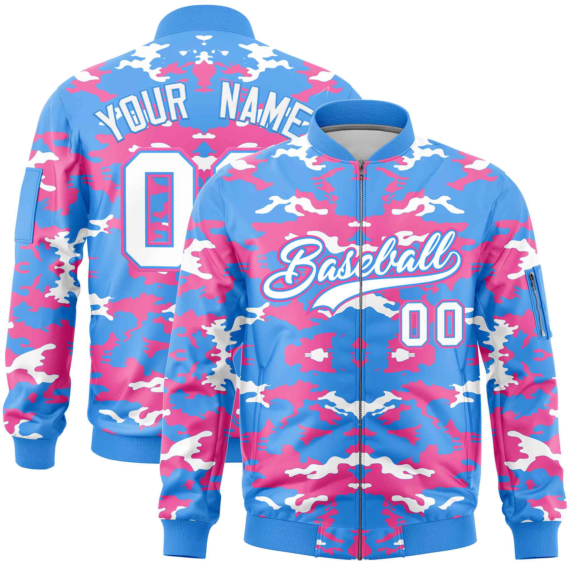 Custom Powder Blue Pink-White Varsity Full-Zip Camo Letterman Bomber Jacket