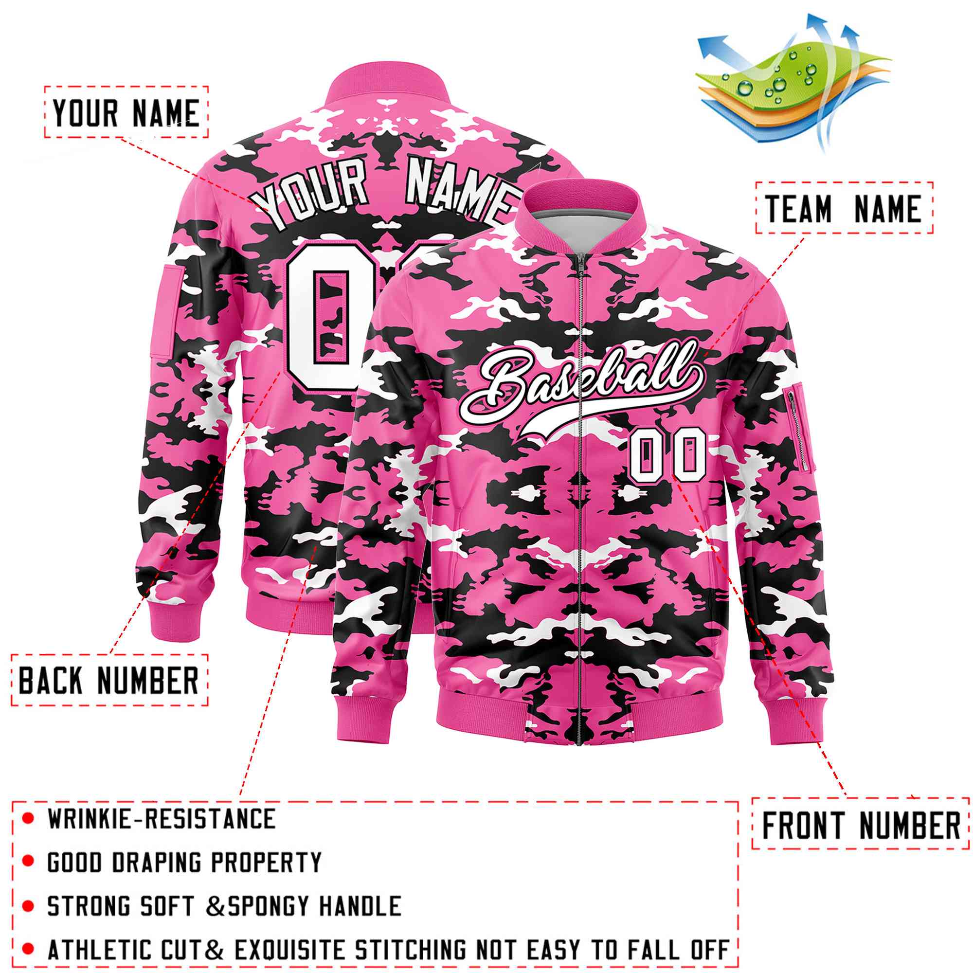 Custom Pink Black-White Varsity Full-Zip Camo Letterman Bomber Jacket