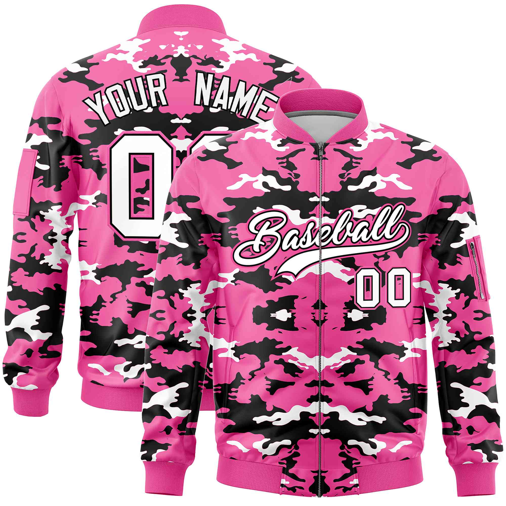 Custom Pink Black-White Varsity Full-Zip Camo Letterman Bomber Jacket