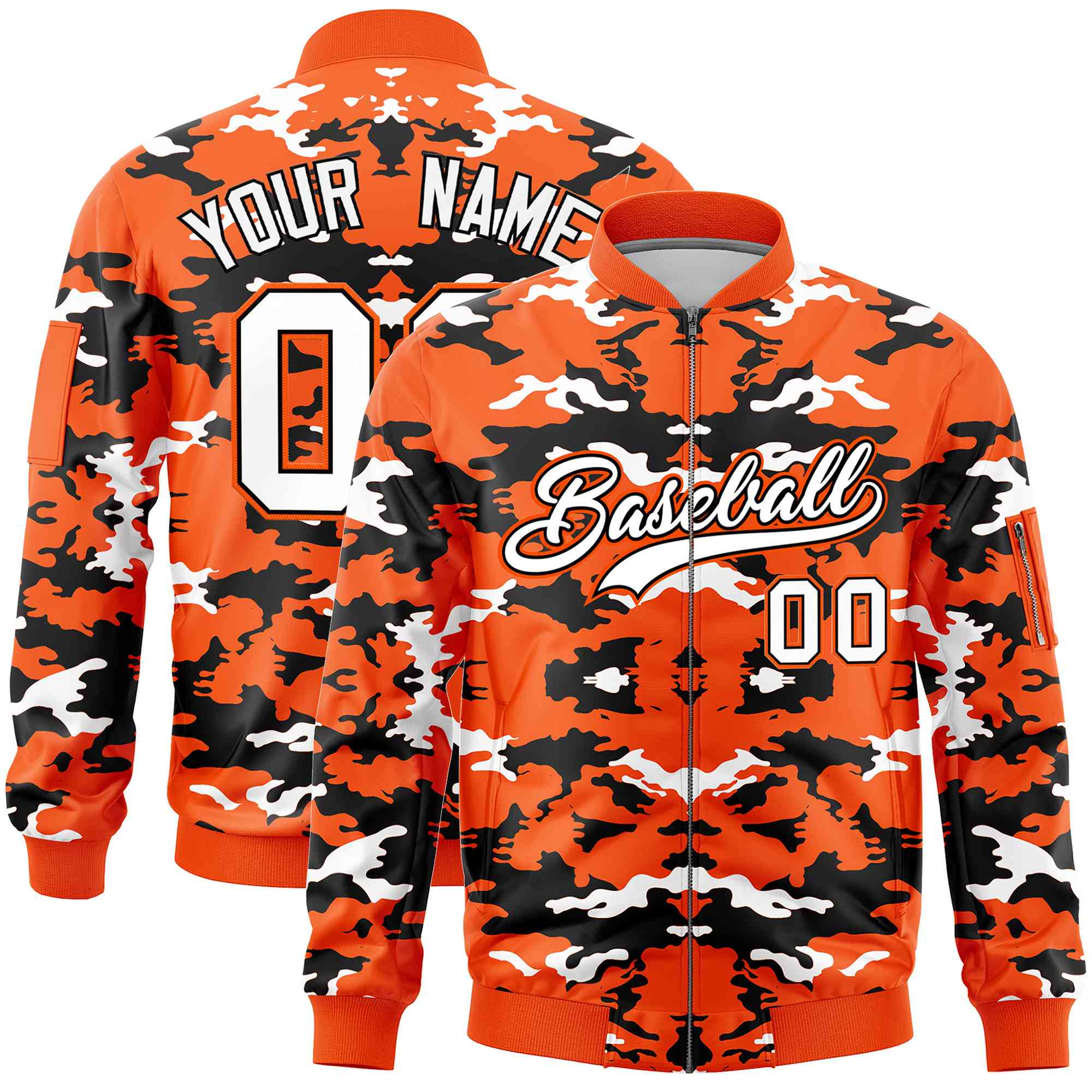 Custom Orange Black-White Varsity Full-Zip Camo Letterman Bomber Jacket