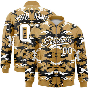 Custom Old Gold Black-White Varsity Full-Zip Camo Letterman Bomber Jacket