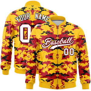 Custom Gold Red-Black Varsity Full-Zip Camo Letterman Bomber Jacket