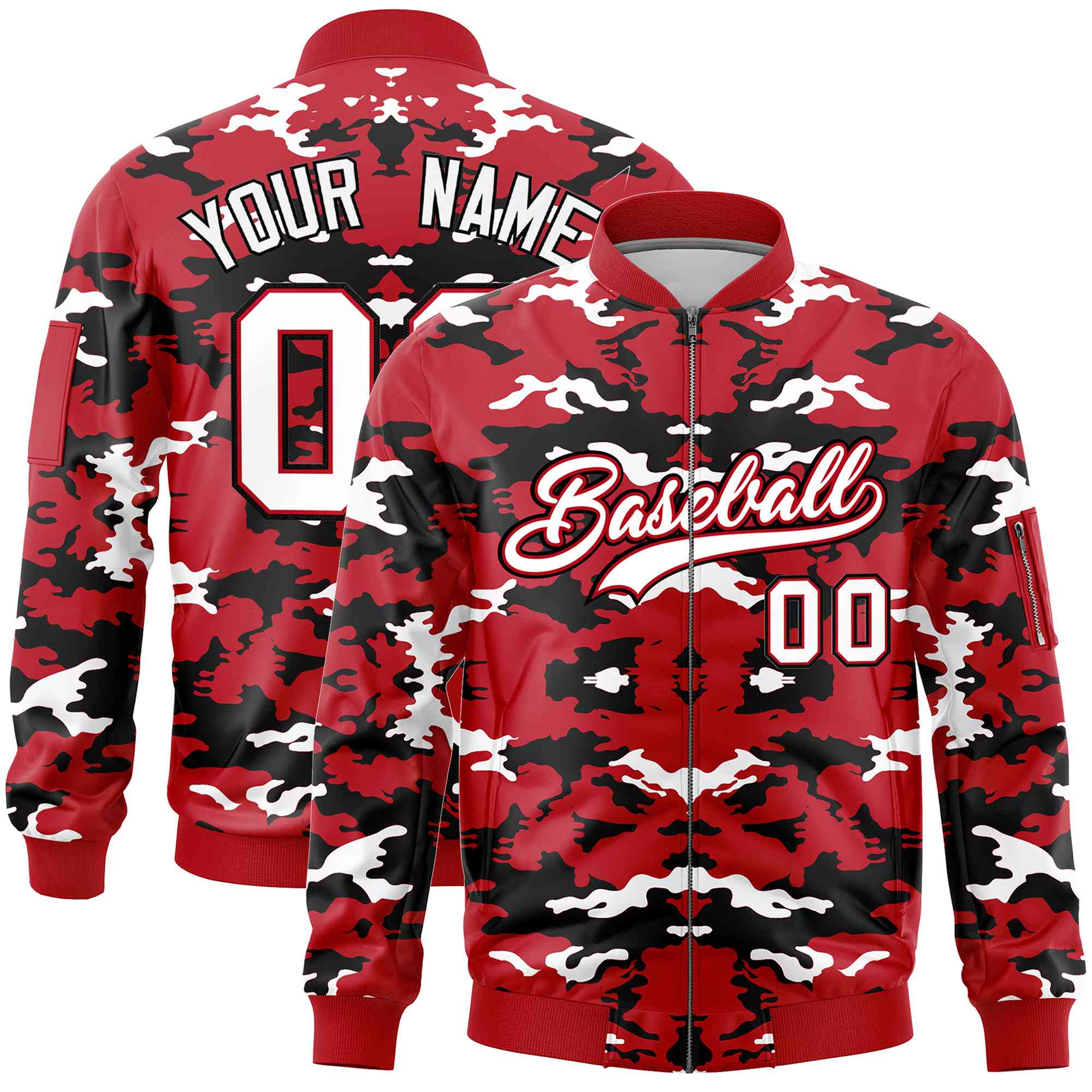 Custom Red Black-White Varsity Full-Zip Camo Letterman Bomber Jacket