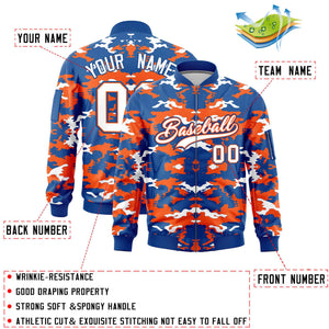 Custom Royal Orange-White Varsity Full-Zip Camo Letterman Bomber Jacket