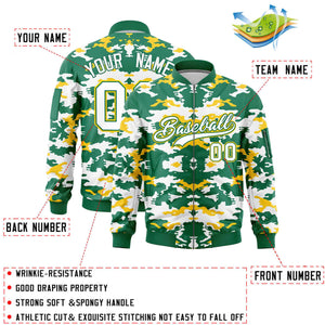 Custom Kelly Green Yellow-White Varsity Full-Zip Camo Letterman Bomber Jacket