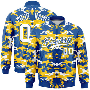 Custom Royal Yellow-White Varsity Full-Zip Camo Letterman Bomber Jacket