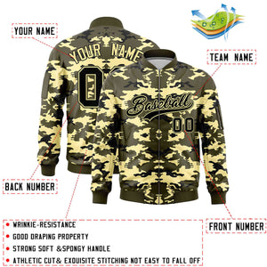 Custom Olive Black-Khaki Varsity Full-Zip Camo Letterman Bomber Jacket