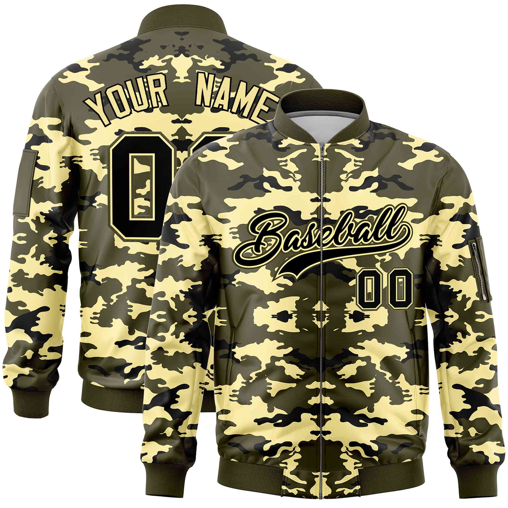 Custom Olive Black-Khaki Varsity Full-Zip Camo Letterman Bomber Jacket