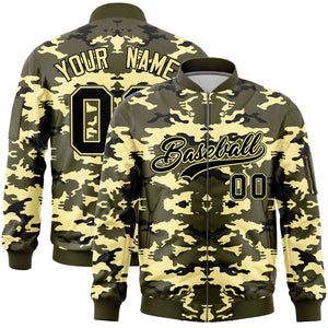 Custom Olive Black-Khaki Varsity Full-Zip Camo Letterman Bomber Jacket