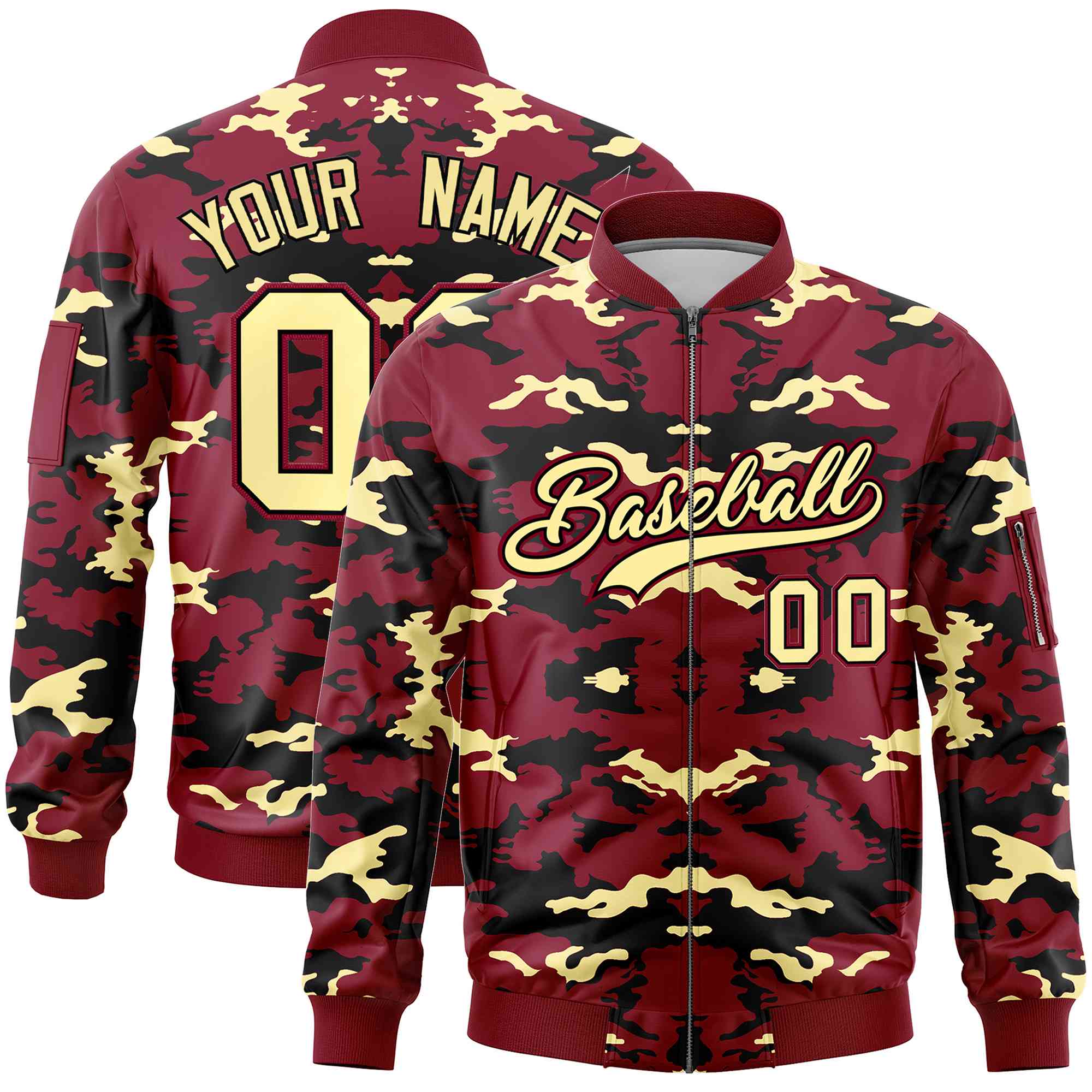 Custom Crimson Black-Khaki Varsity Full-Zip Camo Letterman Bomber Jacket