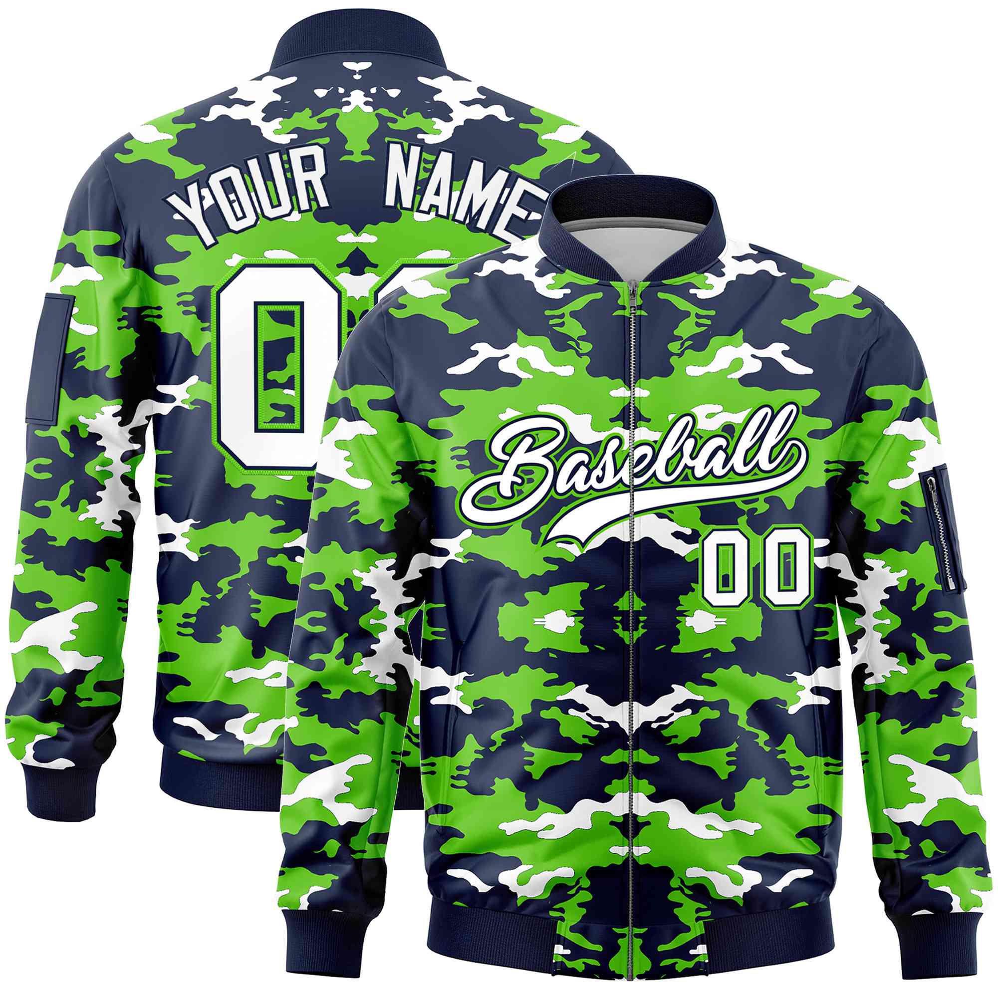 Custom Navy Neon Green-White Varsity Full-Zip Camo Letterman Bomber Jacket