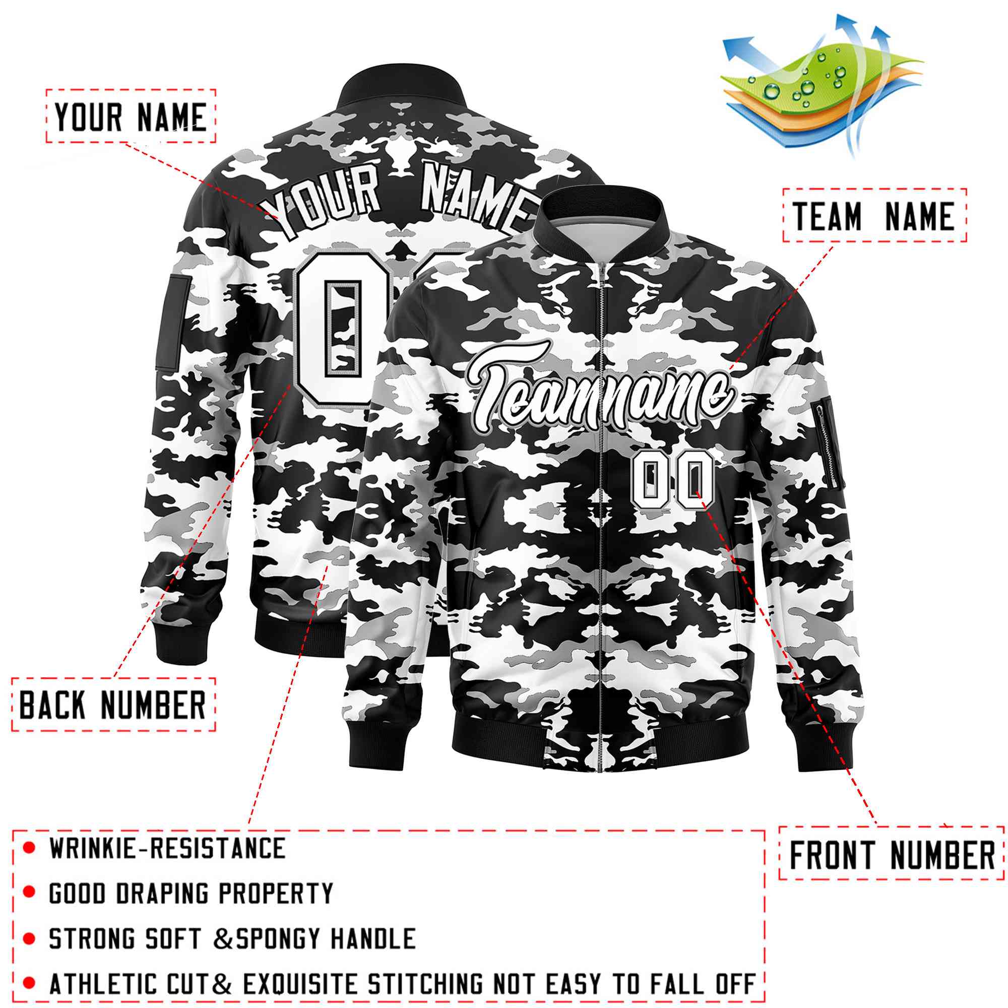 Custom Black Gray-White Varsity Full-Zip Camo Letterman Bomber Jacket