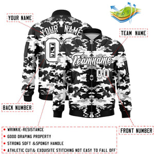 Custom Black Gray-White Varsity Full-Zip Camo Letterman Bomber Jacket