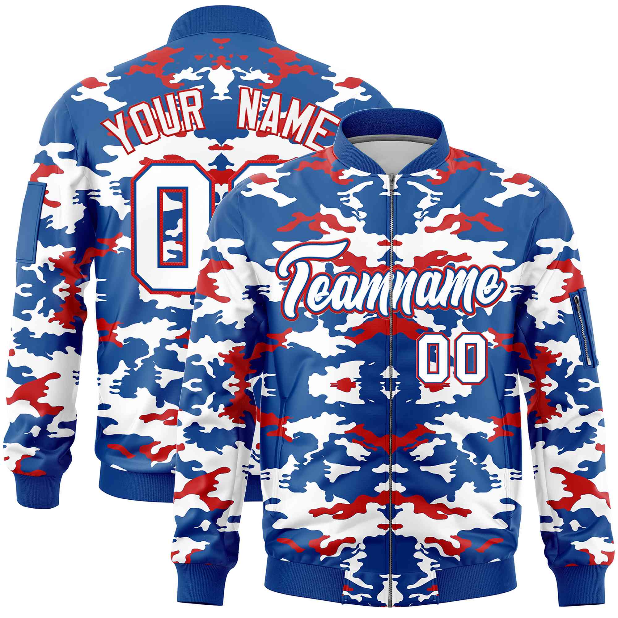 Custom Royal Red-White Varsity Full-Zip Camo Letterman Bomber Jacket