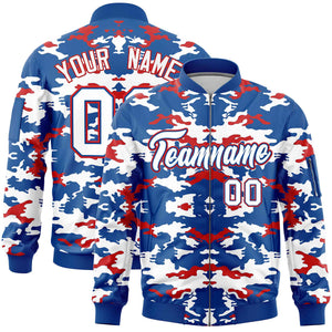 Custom Royal Red-White Varsity Full-Zip Camo Letterman Bomber Jacket