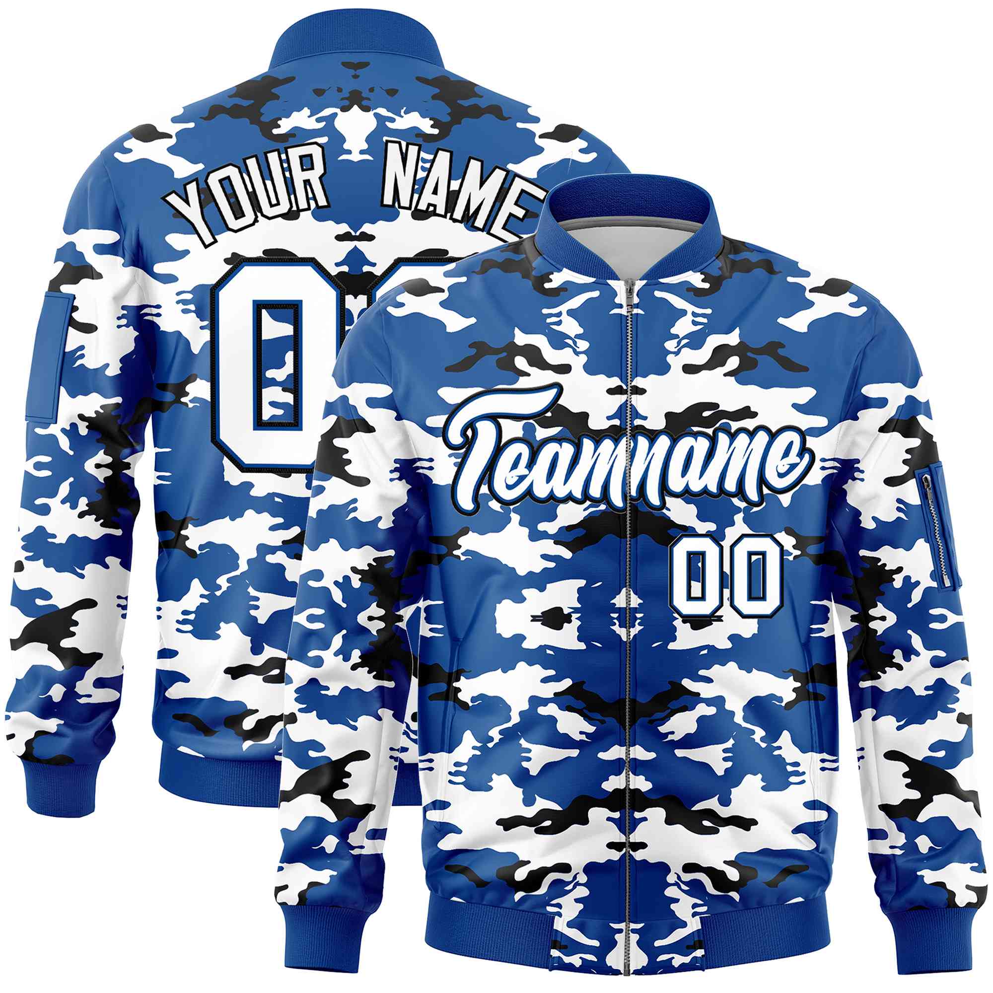 Custom Royal Black-White Varsity Full-Zip Camo Letterman Bomber Jacket