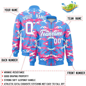 Custom Powder Blue Pink-White Varsity Full-Zip Camo Letterman Bomber Jacket