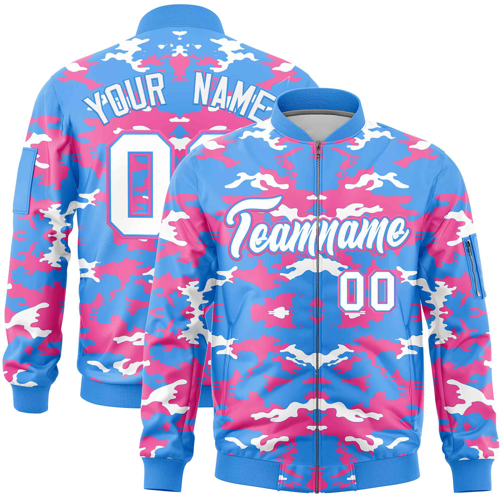 Custom Powder Blue Pink-White Varsity Full-Zip Camo Letterman Bomber Jacket