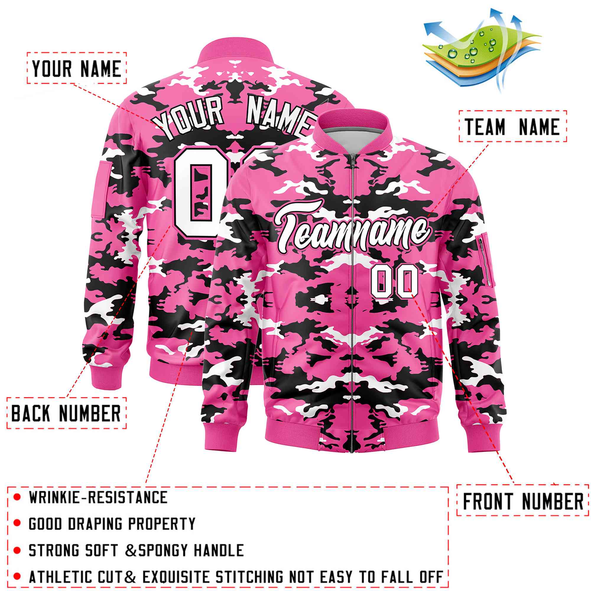 Custom Pink Black-White Varsity Full-Zip Camo Letterman Bomber Jacket