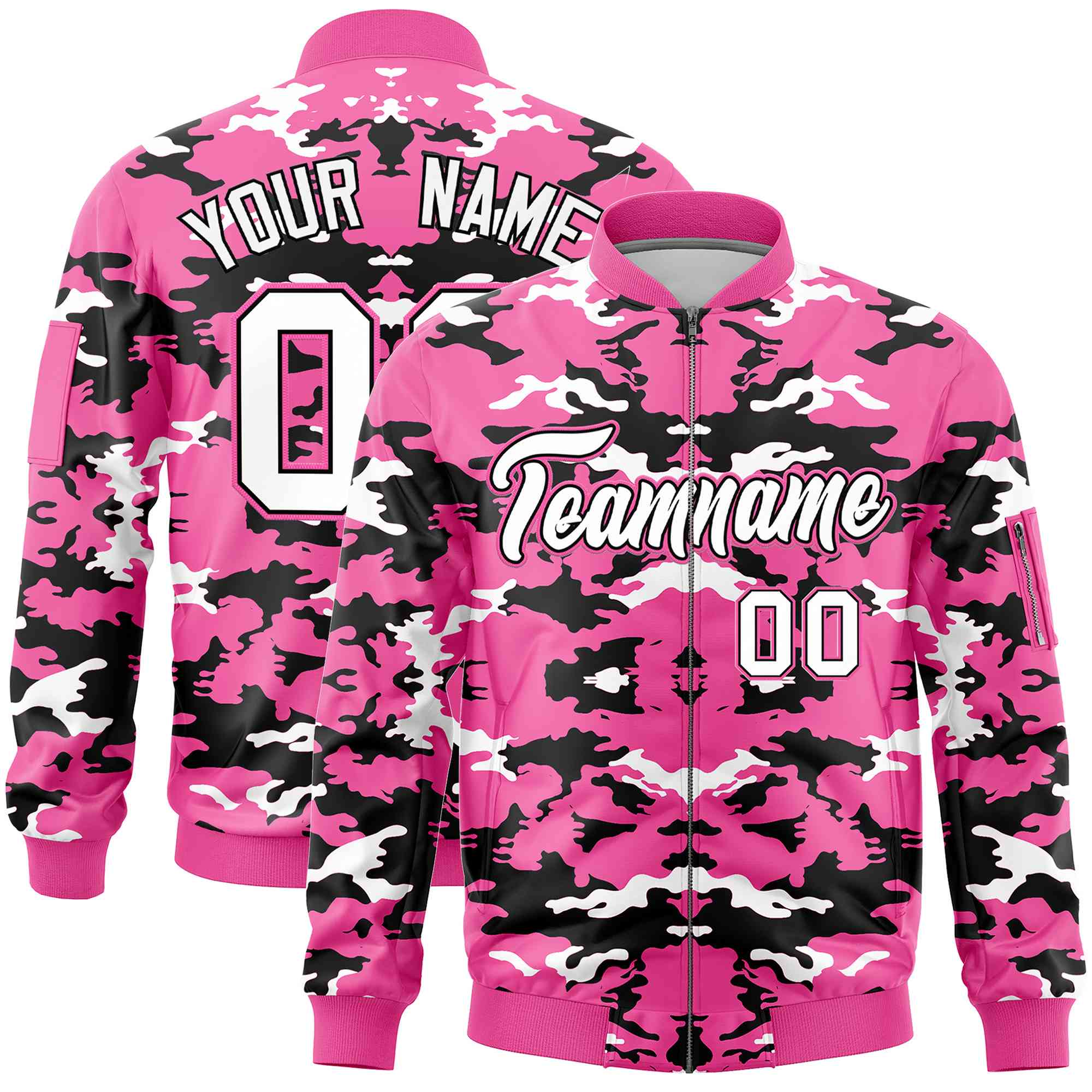 Custom Pink Black-White Varsity Full-Zip Camo Letterman Bomber Jacket