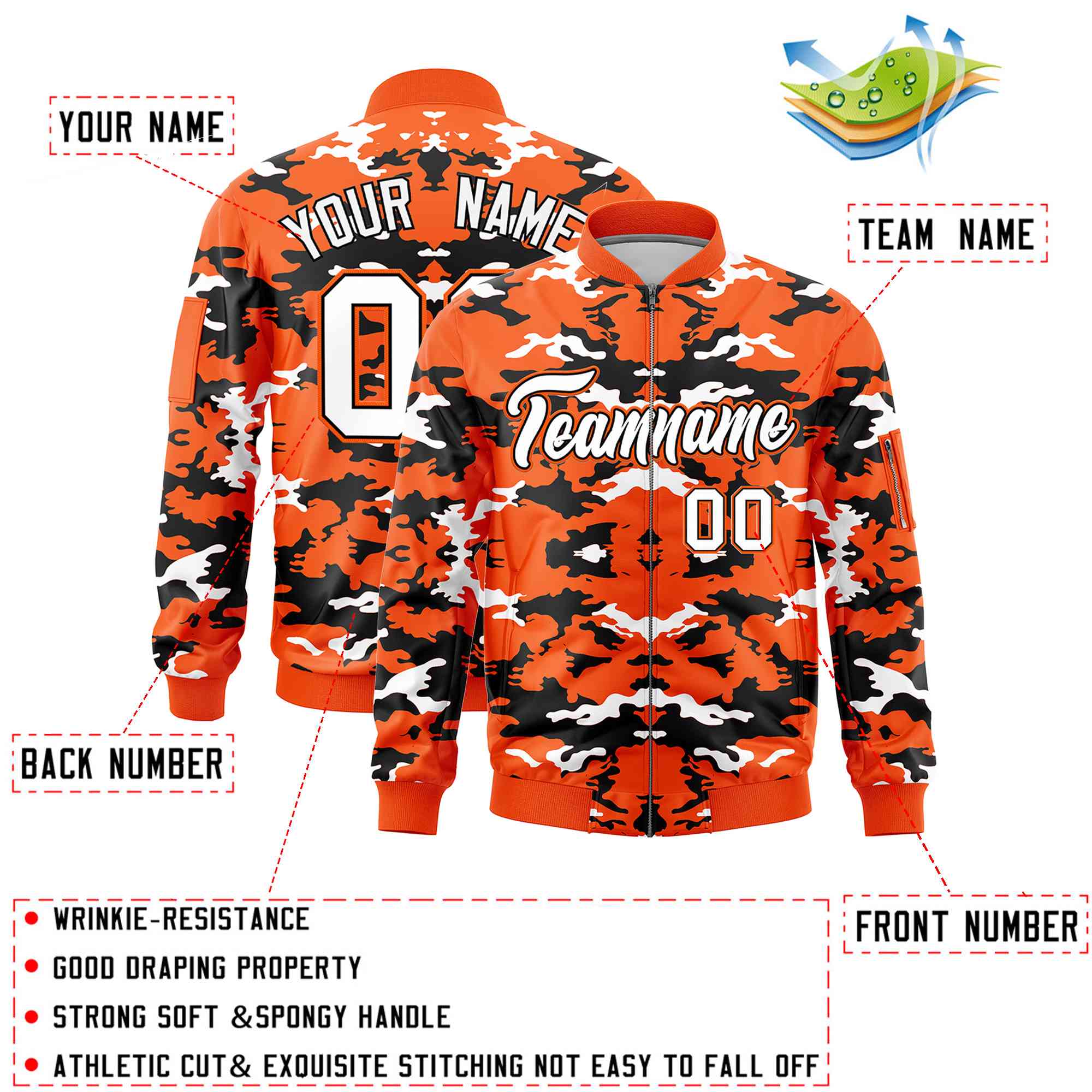 Custom Orange Black-White Varsity Full-Zip Camo Letterman Bomber Jacket