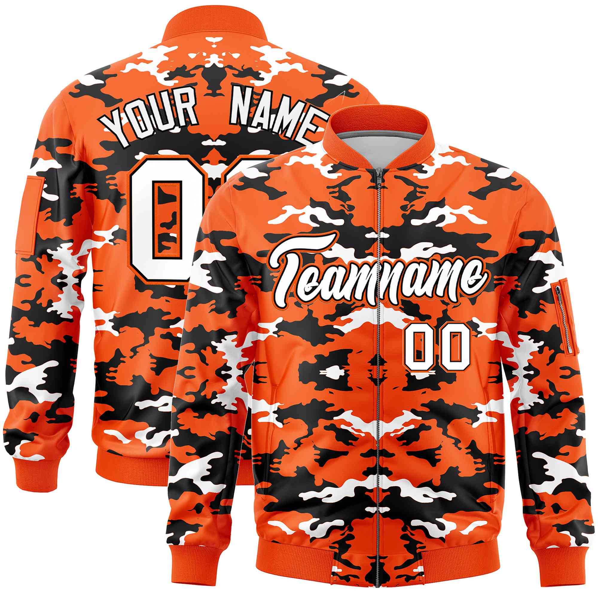 Custom Orange Black-White Varsity Full-Zip Camo Letterman Bomber Jacket