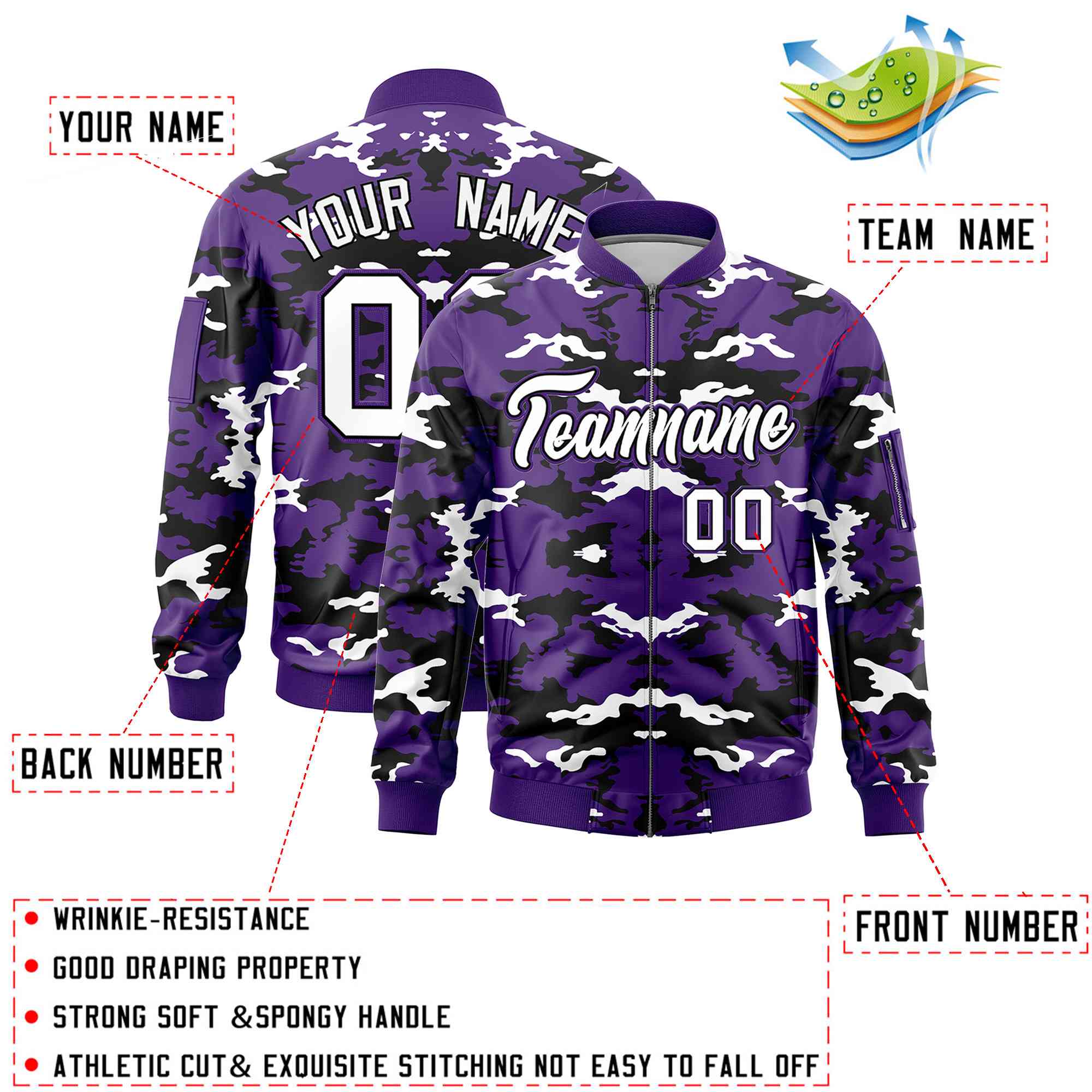 Custom Purple Black-White Varsity Full-Zip Camo Letterman Bomber Jacket