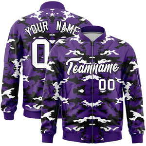 Custom Purple Black-White Varsity Full-Zip Camo Letterman Bomber Jacket