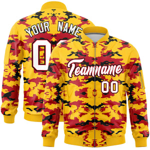 Custom Gold Red-Black Varsity Full-Zip Camo Letterman Bomber Jacket