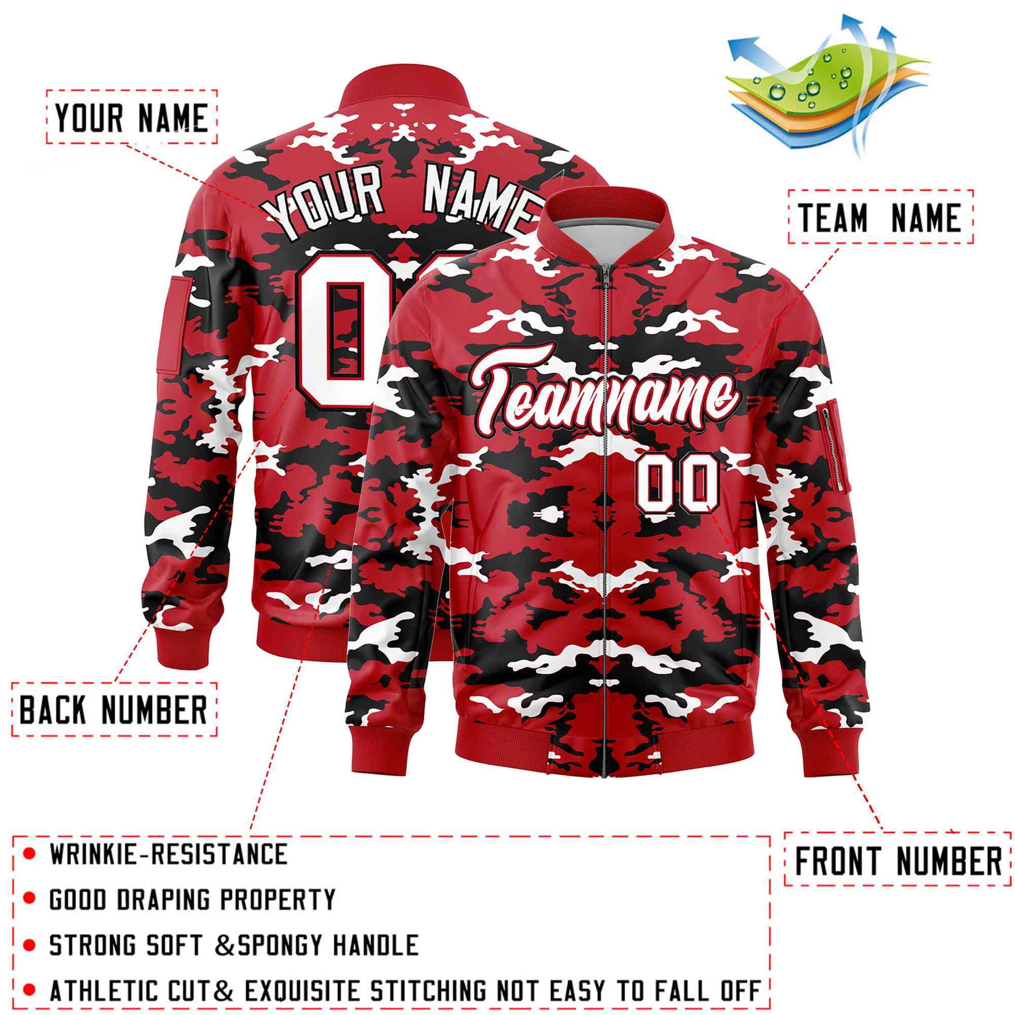 Custom Red Black-White Varsity Full-Zip Camo Letterman Bomber Jacket