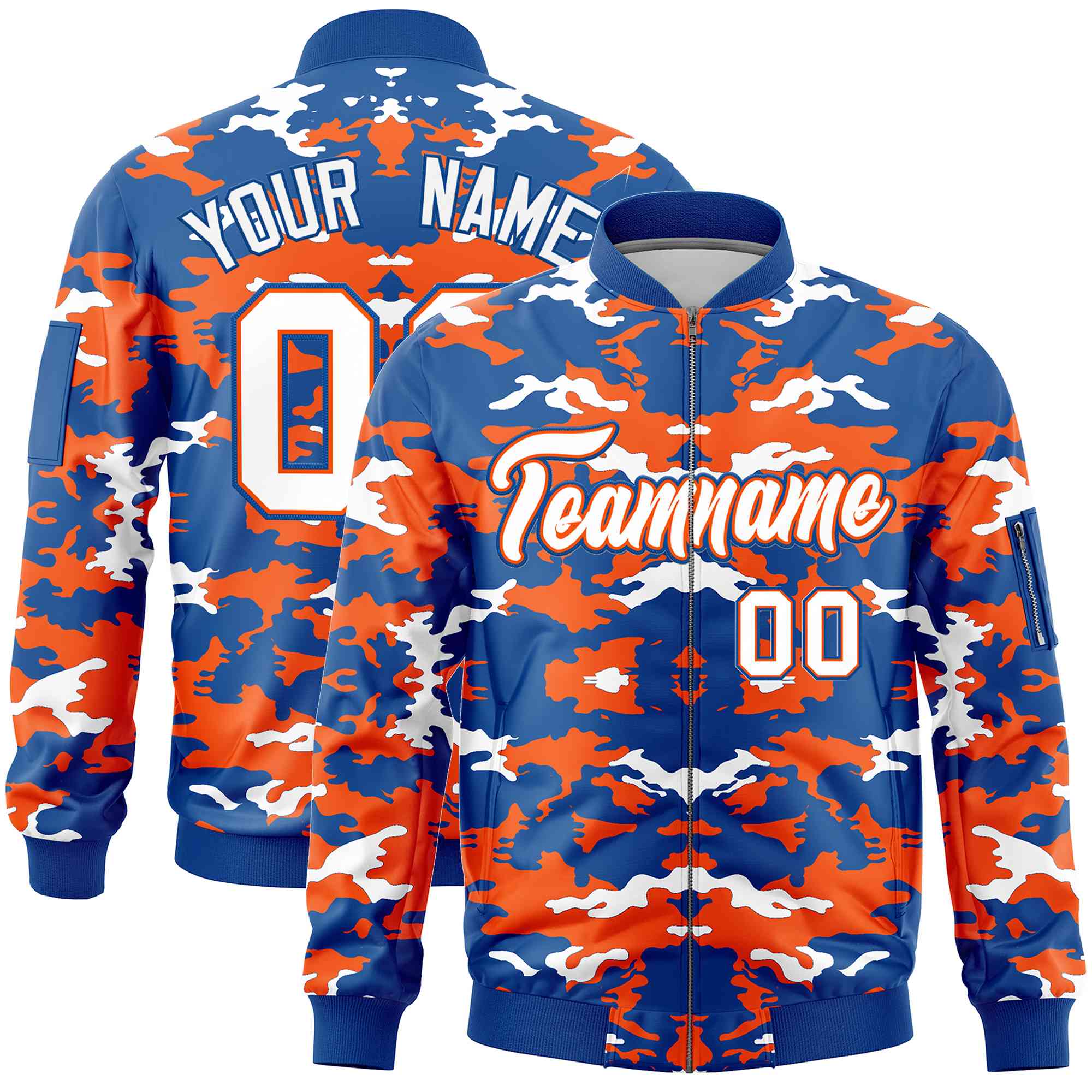 Custom Royal Orange-White Varsity Full-Zip Camo Letterman Bomber Jacket