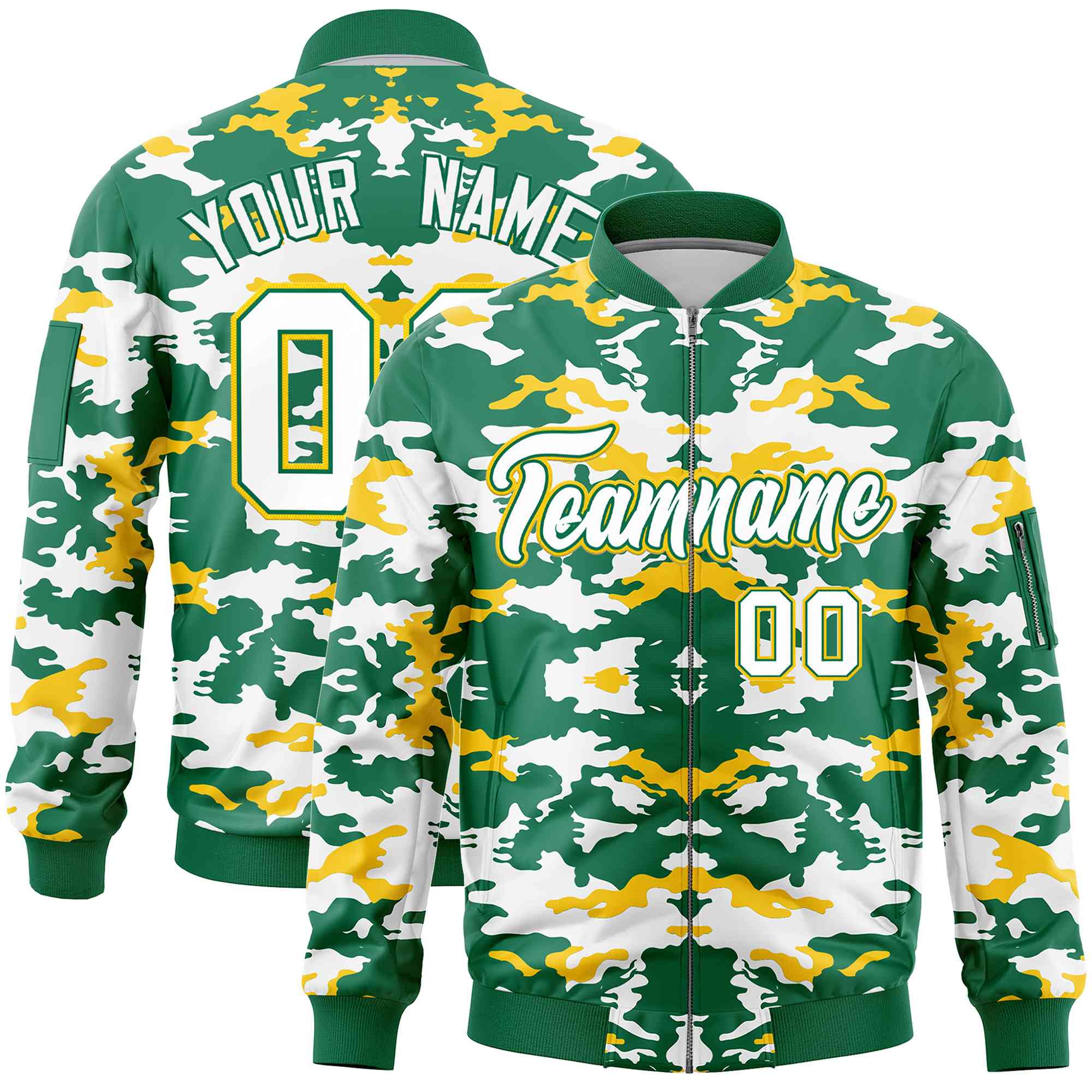 Custom Kelly Green Yellow-White Varsity Full-Zip Camo Letterman Bomber Jacket